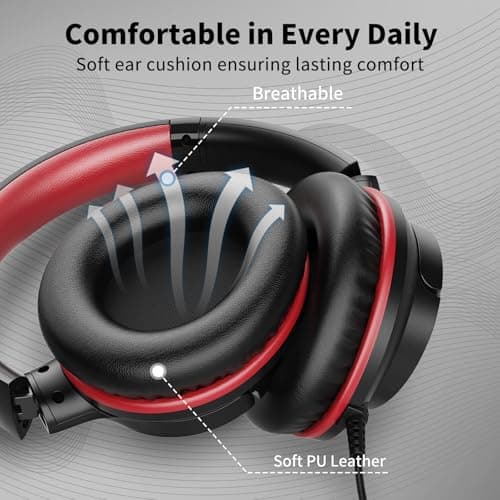 Wired Headphones with Microphone, 3.5mm Headphones for School, Black Red — view 6