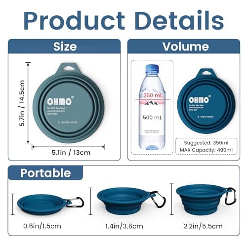 OHMO Collapsible Dog Bowl with Steel Ring, 400ml, 2pcs, Dark&Light Blue — view 2
