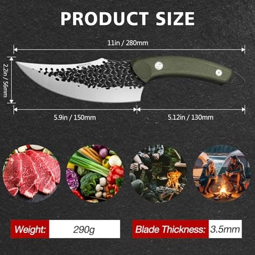 SHAN ZU Chef's Knife Hand Forged Kitchen Knives with Leather Sheath High Carbon Steel Cooking Knife Boning Knife and Full Tang G10 Waterproof Handle, Professional for Home, Camping, BBQ - Green — view 2