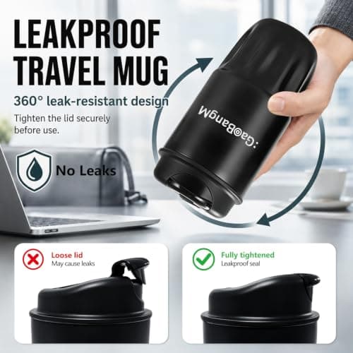 : GaoBangM 450ml Travel Mug, Insulated Coffee Cup with Leakproof Lid, Black — view 3
