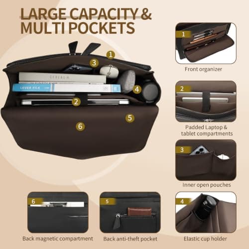 ESTARER Men's Leather Briefcase 17.3 Inch Laptop Computer Bag for Office/Business/Travel, Large Satchel Professional Leather Messenger Shoulder Bag, Black — view 4