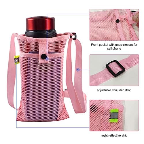 TSHAOUN 3 Pcs Water Bottle Carrier Bag Mesh Water Bottle Bag Beach Bottle Bag Water Bottle Holder with Adjustable Shoulder Strap for Travelling, Camping Climbing, Hiking, Sport (Black,Pink,Blue) — view 3