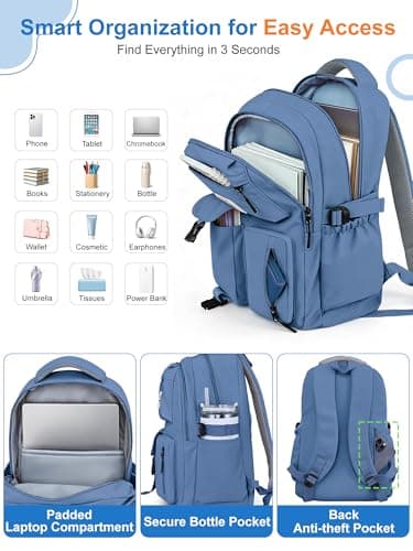 FIORETTO Lightweight School Backpack Womens, Cute School Bag for Teenager Girls, 15.6 Laptop Rucksack Backpack for School Casual Daypacks Travel Backpack for College Work Dark blue 25L — view 4
