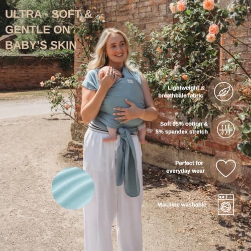 RYLOOBABY Baby Sling Carrier & Stretchy Baby Wrap – Newborn Baby Carrier 3.2–15 kg, Soft Cotton Hands-Free Babywearing Sling, Hip Healthy, One Size XXS–XXXL – Neutral Blue — view 4