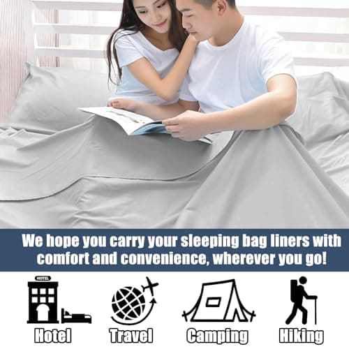 Plliocse Sleeping Bag Liner Travel Sheet Sleeping Bag, Double Size 180 x 210 cm Sleeping Bags Liners with Pillow Pockets for Adults, Travel, Hotels, Business Trip, Camping (Grey, 180cm x 210 cm) — view 2