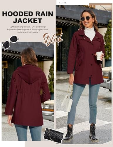 PASUDA Women's Waterproof Jacket Long Rain Coats Hooded Rain Jacket with Pockets Lightweight Windbreaker Raincoat Functional Trench Coats Hiking Running Camping Outdoor Coats (Burgundy Red, XL) — view 6
