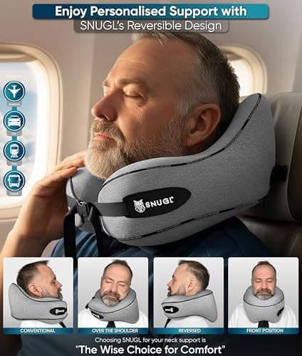 SNUGL Travel Pillow – Memory Foam Neck Pillow for Travel – Support Cushion for Airplane with Carry Bag & Clip - Holiday Essentials (Grey - Adult Small) — view 3