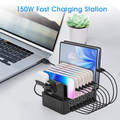 USB C Multi Charger Station, 16 Port 150W USB Charger Fast Multiple Charging Station with 8 Cables, Multi Device USB A Phone Ipad Desktop Smart Charger Stand with Removable Divider — view 4