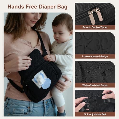 Rexmore Puffer Quilted Fanny Pack Diaper Bag for Mom - Women‘s Compact Crossbody Purse with Portable Changing Pad & Wipes Pouch, Travel & Quick Errand Baby Essentials Organizer, Black, 11 x 3.15 x — view 2