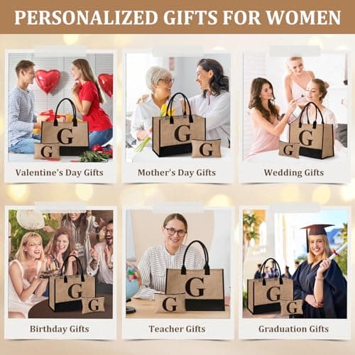 Tecanne Initial Jute Tote Bag & Makeup Bag, Birthday Gifts for Women Her Mum Teacher, Suitable for Wedding, Beach, Holiday (G) — view 4