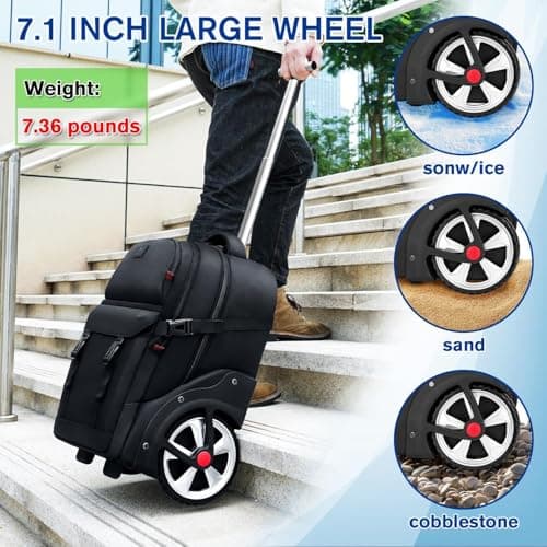 MATEIN Backpack with Wheels, 17 inch Travel Rucksack on Wheel, Black — view 2