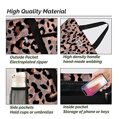 HOMESPON Large Waterproof Beach Tote Bag with Zip and Pockets for Women (Leopard Print) — view 5