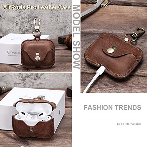 Hiram Genuine Crazy Horse Leather Earphone Case Compatible with AirPods Pro, Durable and soft leather headphone earbuds travel case with Key Chain — view 5