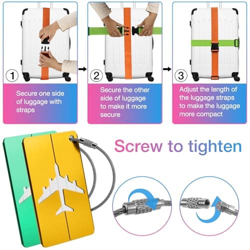 Luggage Straps, 8 Pcs Adjustable Suitcase Straps Belts with 4 Pcs Metal Luggage Tags Heavy Duty Adjustable Suitcase Belts (Green+Orange) — view 4