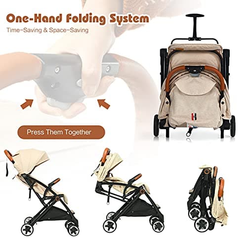 COSTWAY Lightweight Baby Stroller, One-Hand Foldable Infant Pushchair with 5-Point Harness, Adjustable Backrest/Footrest/Canopy, Compact Travel Buggy for 0-3 Years (Beige) — view 2
