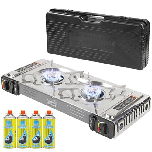 Taylor & Brown Portable Dual Burner Camping Stove Stainless Steel with 4 Butane Gas & Carry Case | EN417 Compliant Premium Gas Double Stove | with Automatic Ignition & Heat Control