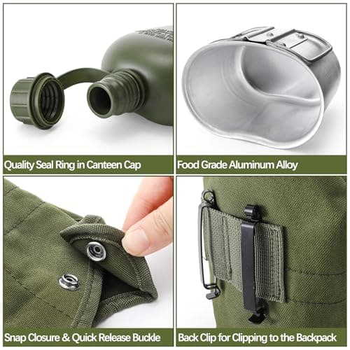ZOOFOX Military Canteen, 1 Quart Portable Army Water Bottle with Aluminum Cup, Stainless Steel Spoon, Fork and Knife, Plastic Tactical Water Bottle for Military Hiking Camping Survival — view 3