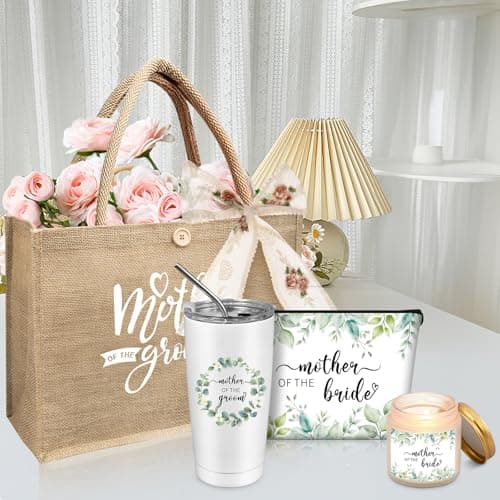 2 Sets Mother of Bride and Groom Gifts, Includes 590 ml Insulated Cups with Straw Handbag Makeup Bag Wedding Handkerchief Candles for Mom Mother in Law Bridal — view 5