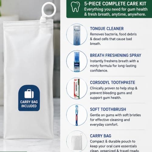 Oravida Fresh Breath & Gum Care Kit – Oral Hygiene Bundle with Tongue Cleaner, Corsodyl Toothpaste, Soft Toothbrush, Breath Spray & Travel Pouch — view 3