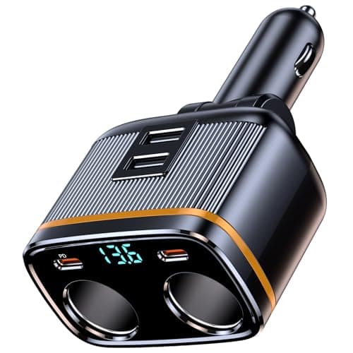 USB C Car Charger Adapter, 145W Super Fast Cigarette Lighter USB Charger Adapter with LED Voltmeter Car Phone Chargers For iPhone Samsung & More