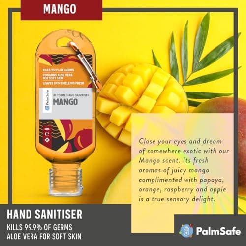 Palm Safe Mango 3 Pack 60ml Anti Bacterial Premium Hand Sanitiser Travel Size Refillable Clip Bottle Quick Drying Non Sticky Extra Moisturising Kills 99.9% of Viruses and Bacteria — view 6
