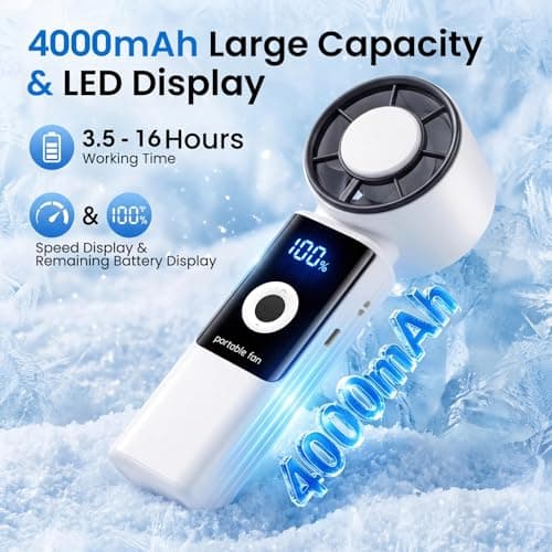 Phimke Portable Handheld Fan, High Speed Turbo Hand Held Fan with Speed (1-199) 4000mAh Battery Up to 16hrs, Rechargeable Mini Hand Fan with LED Display, Foldable Portable Fan for Home Outdoor (White) — view 3
