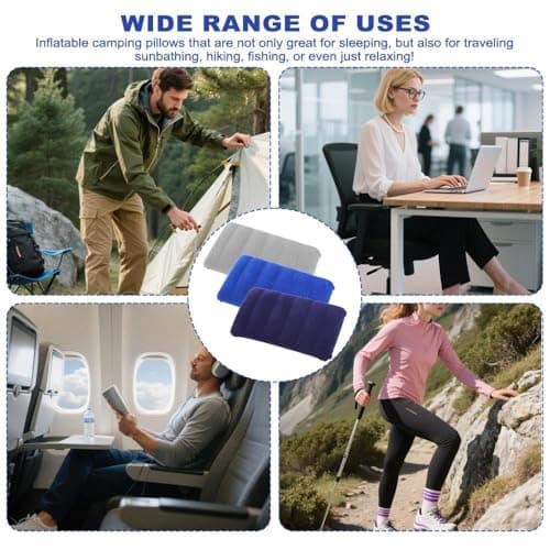 LINISITING 3 Pcs Inflatable Pillows for Camping, Water-Resistant Soft Flocked Blow Up Cushion, Portable Compressible Pillow for Traveling Hiking Office Fishing with a Manual Air Pump — view 4