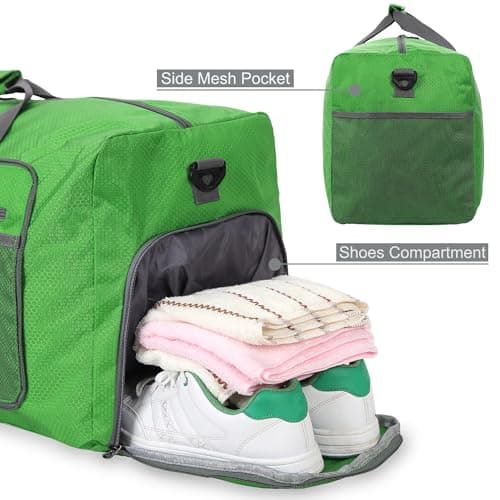 Bekahizar Travel Duffle Bag 60L Lightweight Foldable Holdall Duffels Large Weekend Overnight Bag Packable Carry On Luggage with Shoe Compartment for Men Women Camping Storage Gym Beach (Dark Green) — view 4