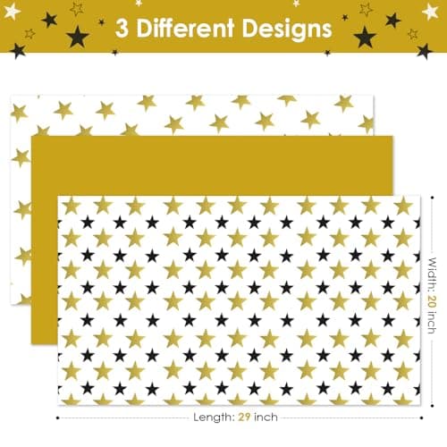 Isaspire Star Wrapping Paper Folder Set - 12 Sheets, 20x29 Inch Each, Adorned with Solid Gold, Black & Gold Star for Boys, Girls, Women, Men, Ideal Gift Wrap for Holiday Birthday Party — view 2