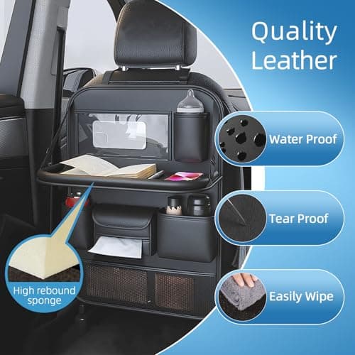 Primst 2 Pack Leather Car Backseat Organizer with Foldable Table Tray, Car Seat Back Protectors Kick Mats, Foldable Car Seat Organizer with Tablet Holder — view 3