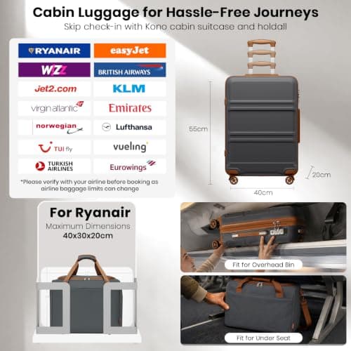 Kono 2 PCS Luggage Set 55x40x20cm Suitcase & 40x30x20cm Ryanair Cabin Bag — view 2