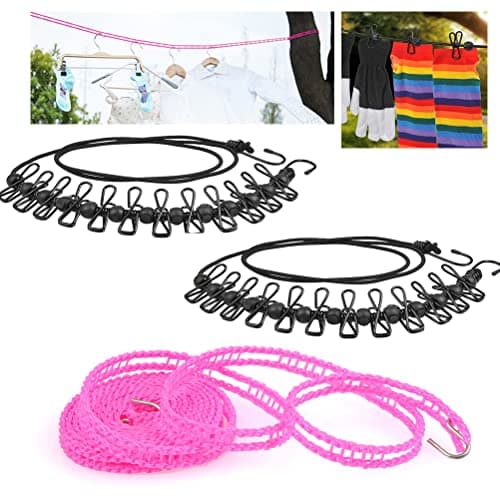 TIMESETL Elastic Clothesline, Portable Adjustable Travel Clothes Drying Line with 12pcs Clothespins for Outdoor and Indoor Use, Hotel, Balcony, Backyard [Black + Pink] - [3 Pack]