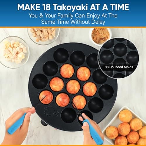 StarBlue Takoyaki Maker Machine with FREE Takoyaki Picks - Temperature Control 18 Holes Electric Pan for Japanese Octopus Balls 220V 60Hz 700W UK Plug with EU Adapter, SB-JC503 — view 4