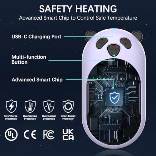 Enituo Hand Warmers Rechargeable 2 Pack, 3 Levels Heating 6000mAh Portable Electric Handwarmers, Cute Panda Pocket Heater Xmas Warm Gifts for Golf Hunting Hiking Camping Outdoor Activities - Purple — view 3