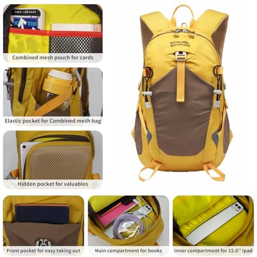 Lightweight Hiking Backpack, 20L Women/Men Waterproof Travel Rucksack Bag with Rain Cover, Outdoor Small Foldable Daypack for Student, Fit for 12.9 inch Laptop, Yellow — view 5