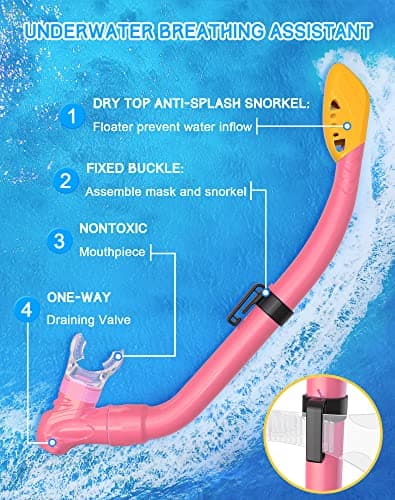 Gintenco Kids Snorkel Set, Dry Top Snorkel Mask Anti-Leak for Youth Junior Child, Anti-Fog Snorkeling Gear Free Breathing,Tempered Glass Swimming Diving Scuba Goggles 180° Panoramic View (Light Pink) — view 5