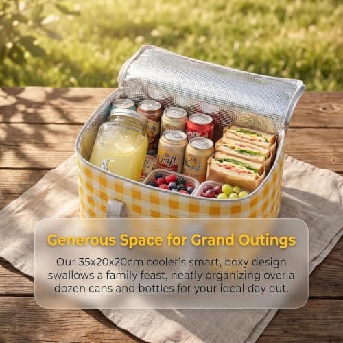 NIFTYY Insulated Picnic Basket, 35 x 20 x 20 cm Cooler Bag Hot or Cold Food, Portable Waterproof Beach Bag with Handle, Foldable Yellow Lunch Tote for Campi (yellow) — view 3