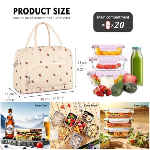 FITDON Insulated Lunch Bag for Women Men, Corduroy Cooler Bag Lunch Box Container Large Lunch Tote Bag for Work School Picnic Travel, Beige Strawberry — view 5