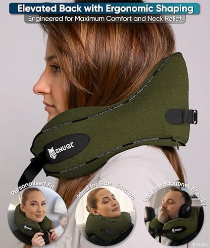 SNUGL Travel Pillow – Memory Foam Neck Pillow for Travel – Support Cushion for Airplane with Carry Bag & Clip - Holiday Essentials (Olive Green - Adult Regular) — view 4