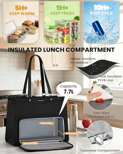 RAINSMORE Teacher Bag 15.6 Inch Laptop Bag with Lunch Compartment PU Leather Laptop Tote Bags for Women Professional Work Bag for College Office Black — view 5