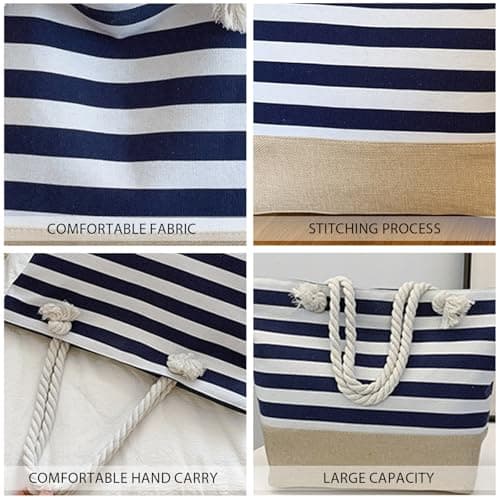 SSKHE Waterproof Beach Bag for Women Beach Bag with Zipper,Summer Tote Bags Canvas Stripe Travel Bag Reusable Shopping Shoulder Handbags for Gym Pool Picnic Holiday Essentials(48×35×17cm) Blue — view 6