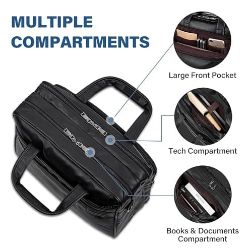 seyfocnia Leather Laptop Bag, Men's 17.3 Inch Messenger Briefcase Business Satchel Computer Handbag Shoulder Bag Fits 17.3 Inch Laptop Computer (Black) — view 4