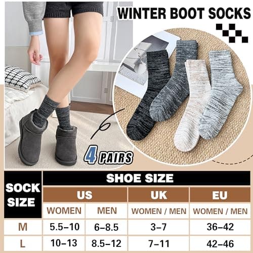 EBMORE Merino Wool Thermal Warm Socks for Women Men Thick Winter Walking Hiking Cosy Crew Comfy Gifts Socks 4 Pairs Stocking Fillers(Beige/Grey/Dark Grey/Black, 3-7) — view 6