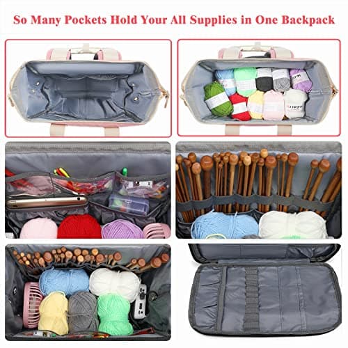 Knitting Bag Backpack, Yarn Storage Organizer Travel Crochet Bag with USB Charging Port, Large Capacity Tote Bag Yarn Holder Case for Carrying Projects, Knitting Needles, Crochet Hooks - Pink — view 4