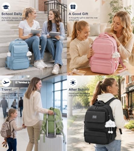 FIORETTO 25L School Bag for Girls & Teens, Womens Backpack Rucksack with Organized Pockets, Trolley Strap & Chest Buckle, Fits 15.6" Laptop, Ideal for School, Travel & Daily Use Black — view 6