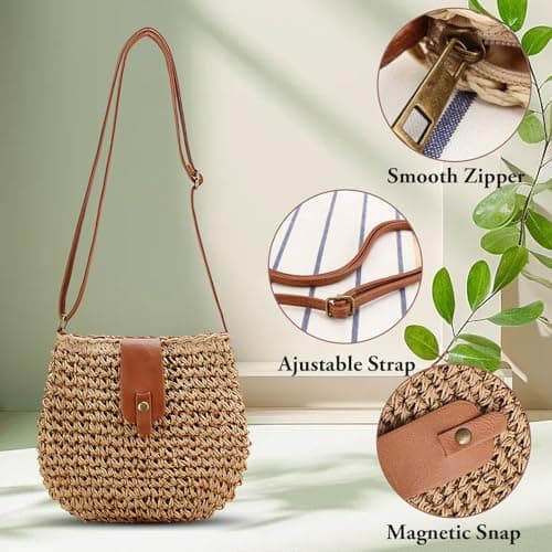 Bototack Straw Beach Bag for Women, Small Summer Crossbody Bag with Zipper, Bohemian Weave Handmade Shoulder Handbags for Beach Vocation Holiday (Khaki) — view 6