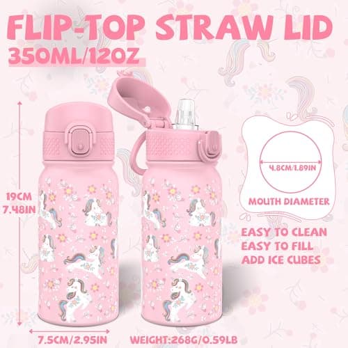 GOPPUS 350ml/12oz Kids Stainless Steel Water Bottle with Straw Toddler Drinks Bottle with Handle Small Insulated Bottles for Girls School Cold Metal Flask with Flip Top Lid BPA Free (Pink Unicorn) — view 2
