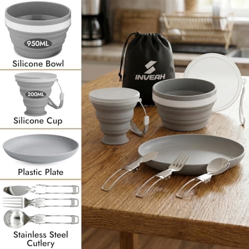 INVEAH Camping Plates and Bowls Set - 7 Pcs Foldable Travel Cutlery Utensils for Picnic Outdoor - Camping Mess Kit Include Stainless Steel Knife, Spoon, Fork Cutlery Set, Cup, Bowl, Plate with Bag — view 3