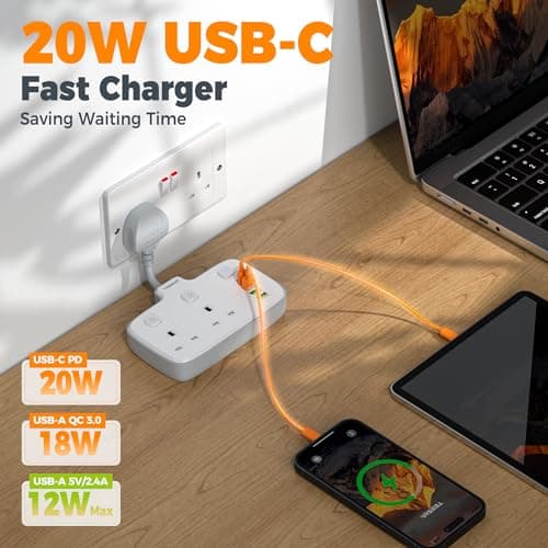 TESSAN Double Plug Adapter UK with PD 20W USB C (4USB Ports) — view 3