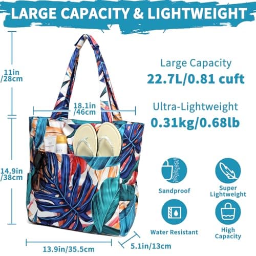 Kasgo Medium Beach Bags for Women with Zip, 22L Holiday Tote Bag Palm Leaf — view 3
